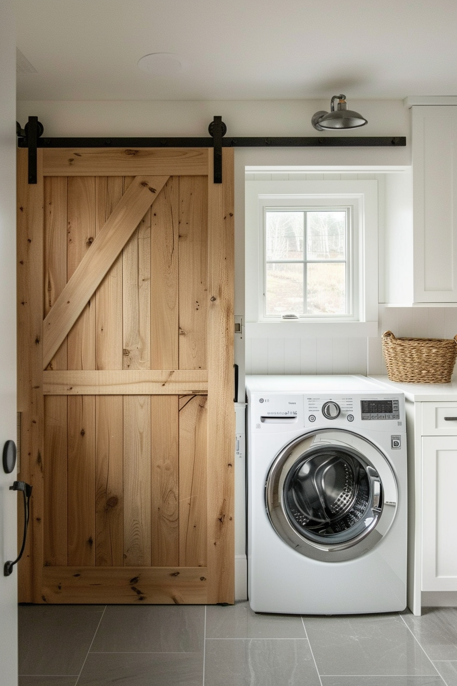 Modern laundry room with sliding barn door, front-loading washing machine, and white cabinetry.