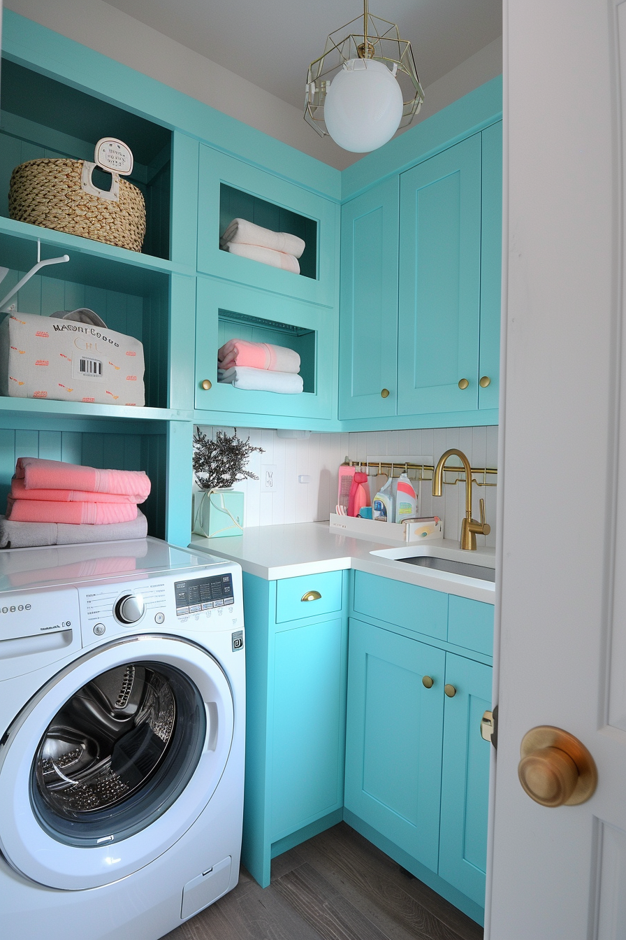 A bright laundry room with teal cabinetry, white washing machine, and gold fixtures, neatly organized with towels and cleaning supplies.
