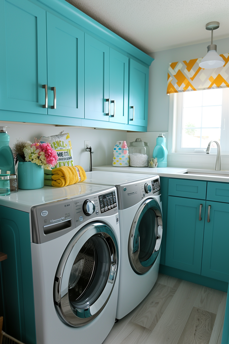 Bright laundry room with teal cabinets, modern washer and dryer, and decorative yellow accents.