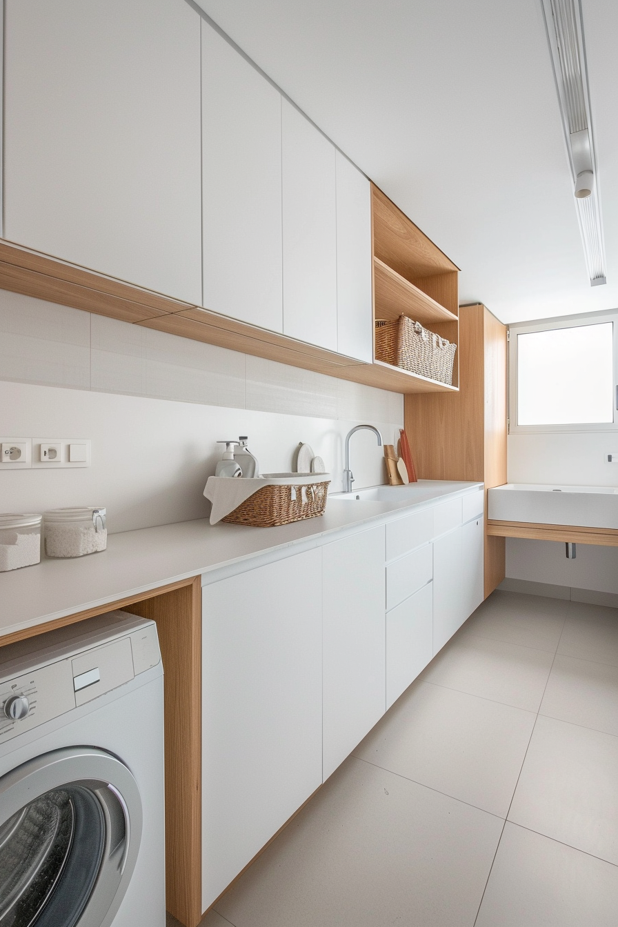 Modern laundry room with white cabinetry, wooden accents, and a built-in washing machine.