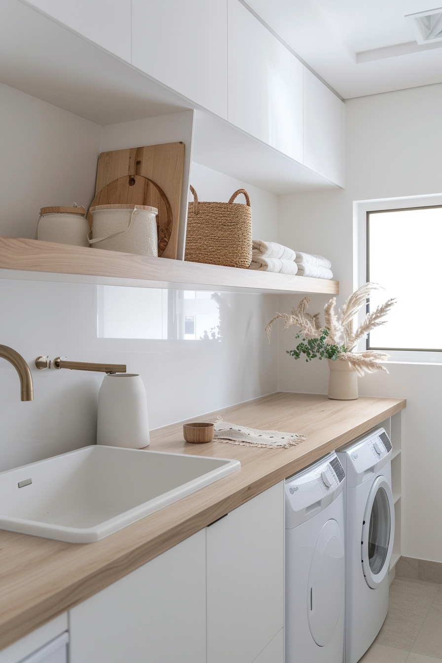 Modern laundry room with white cabinets, wooden countertops, washing machine, and decorative items.