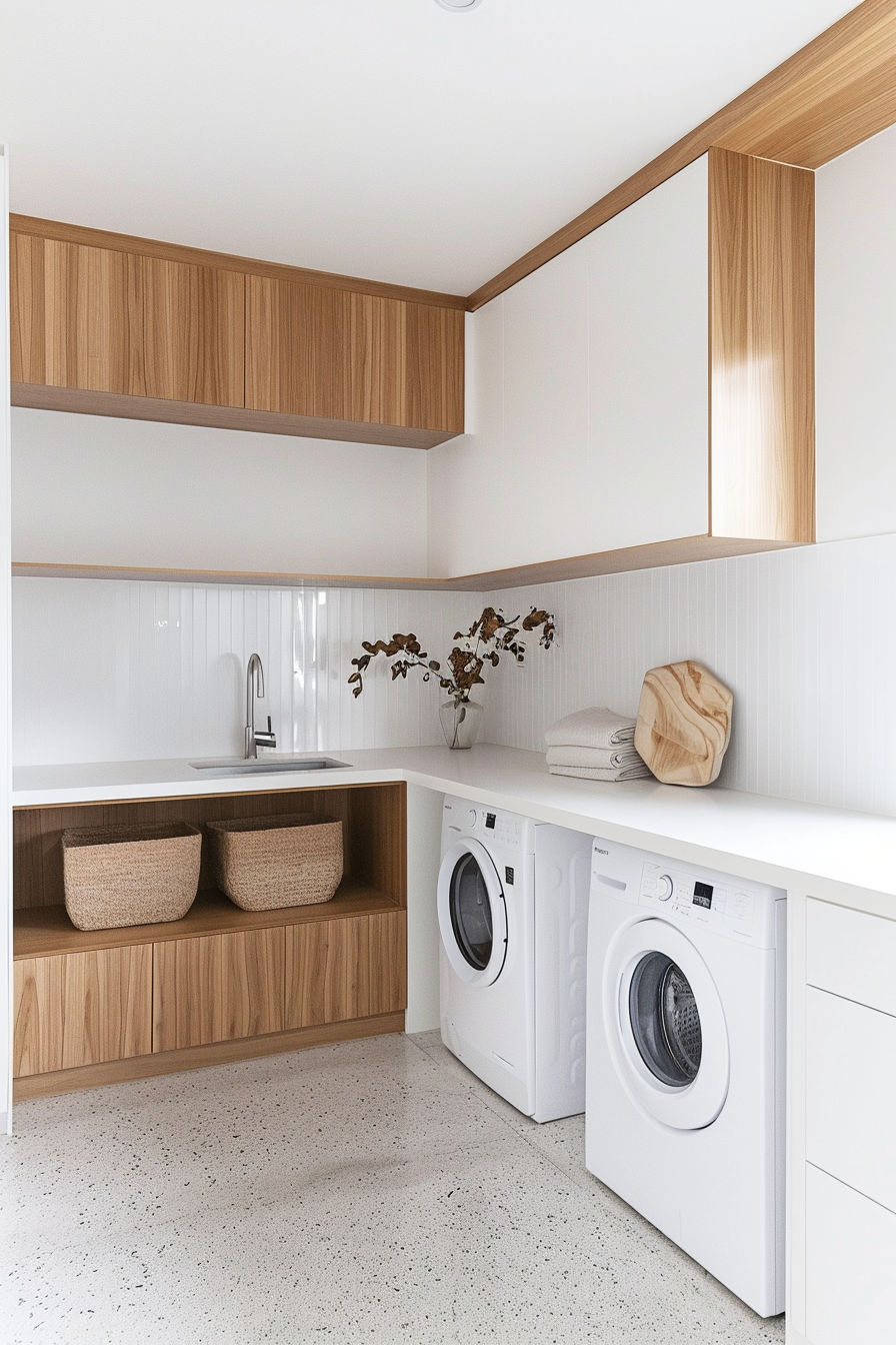 A modern laundry room with white appliances, wooden cabinetry, and a vase of dry flowers on the counter.