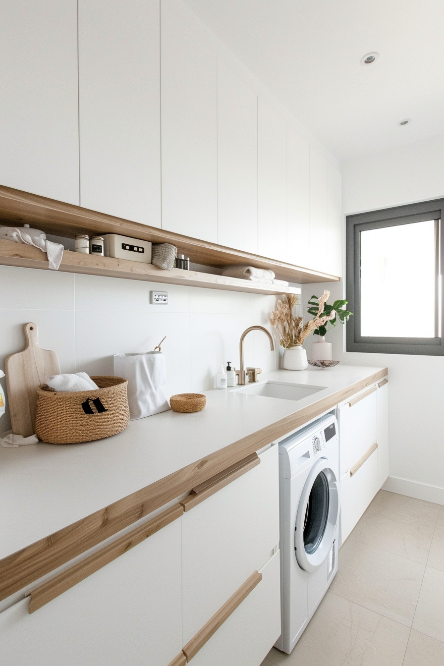 Modern laundry room with white cabinetry, wooden countertops, and built-in washing machine.