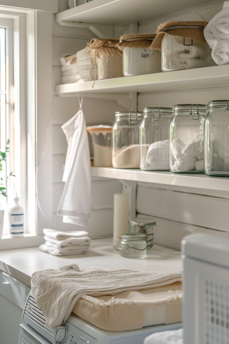 A sunlit laundry room with neatly stacked towels, glass jars on shelves, and a white tank-top hanging by the window.