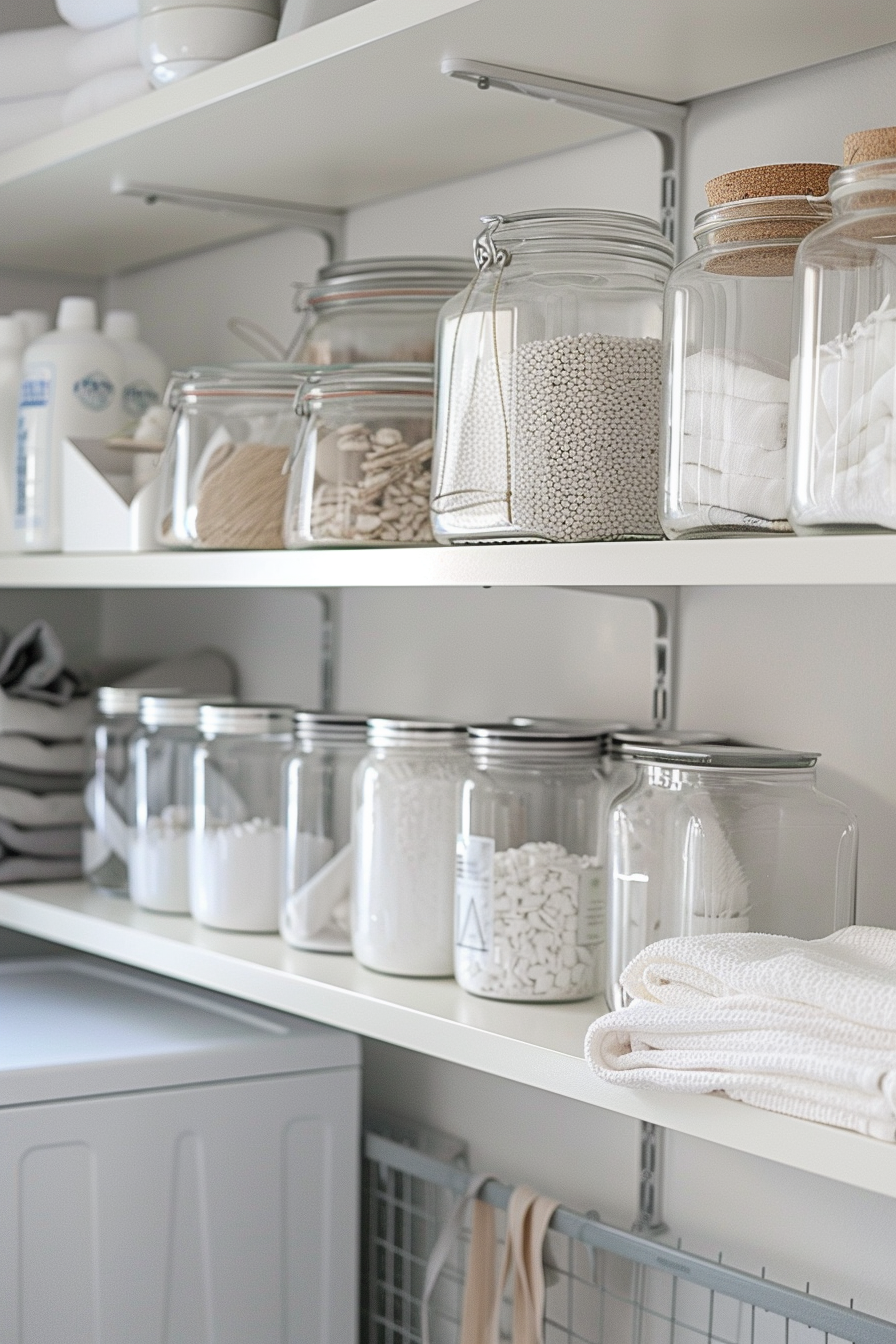 A neatly organized pantry with clear jars containing various food items and white folded towels on shelves.
