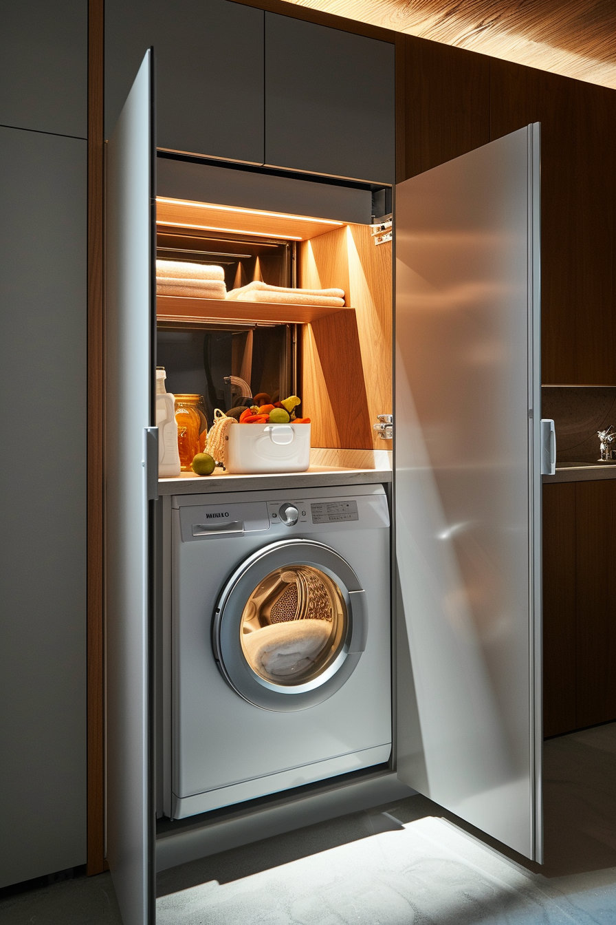 Integrated washing machine in a modern kitchen, with wooden cabinets and lit interior.