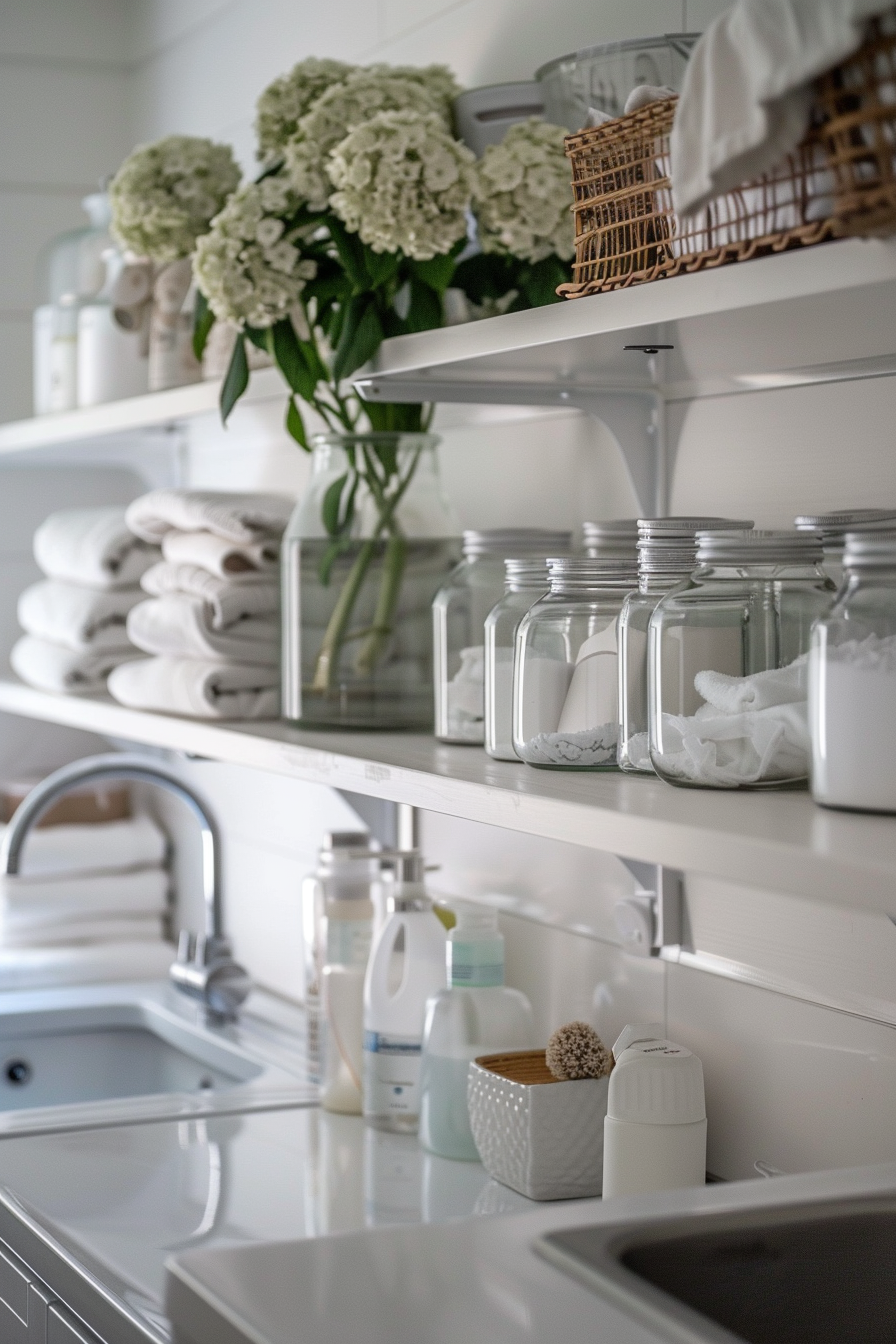 Neatly organized bathroom shelves with towels, glass jars, and flowers above a sink with toiletries.