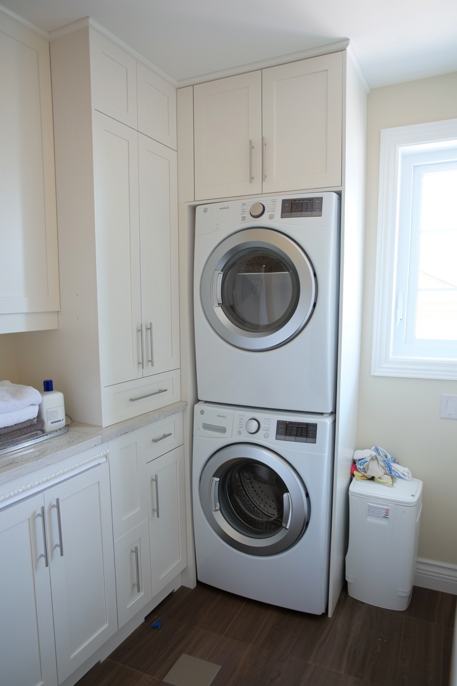 Stacked white washer and dryer in a clean, modern laundry room with cabinets and a small window.
