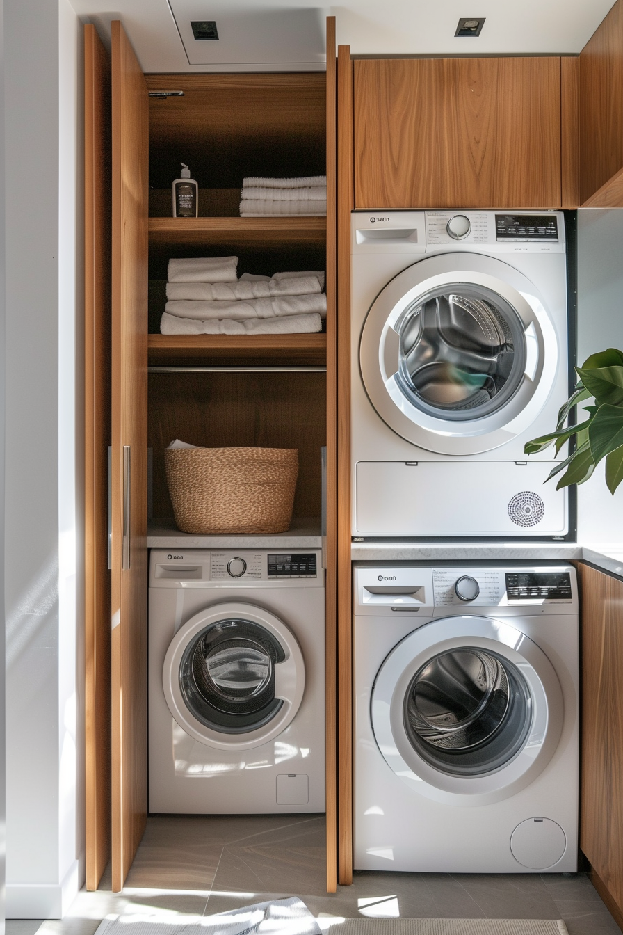 Modern laundry room with stacked washer and dryer, shelves with towels and storage basket, and a plant on the side.