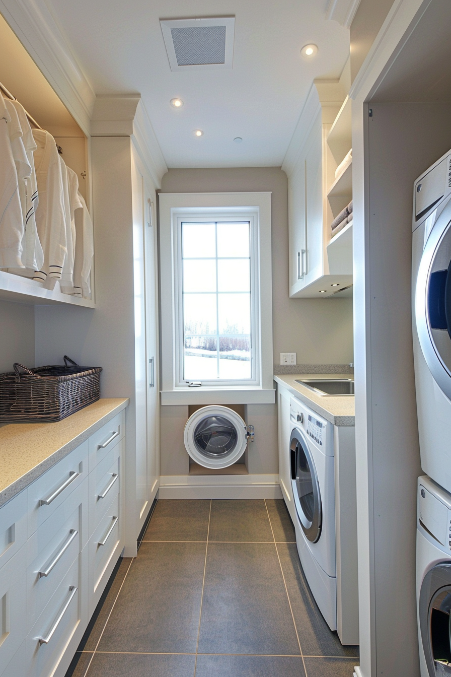 Bright laundry room with modern appliances, white cabinetry, hanging clothes, and a window with a snow view.