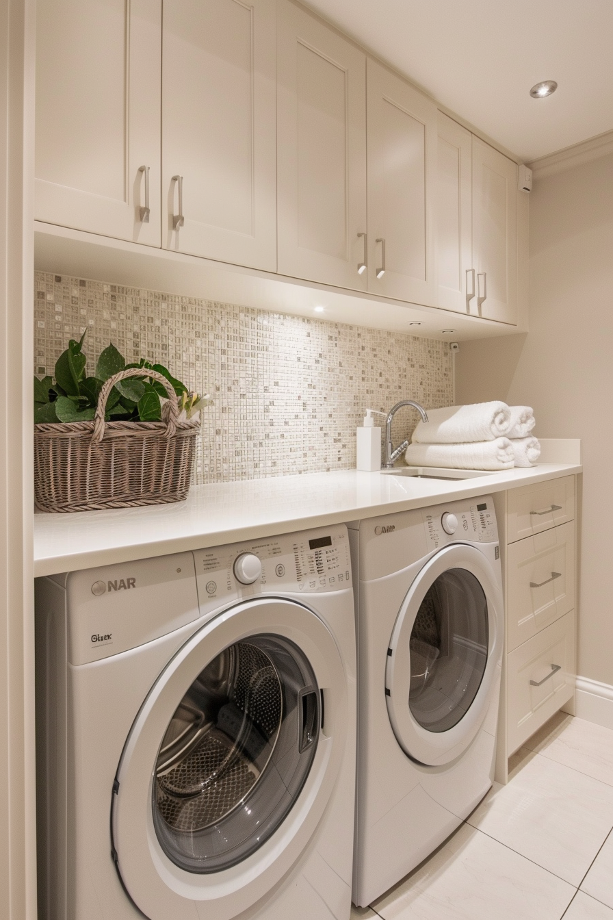 Modern laundry room with white cabinets, mosaic backsplash, and two front-loading machines under a shelf with a basket plant and towels.