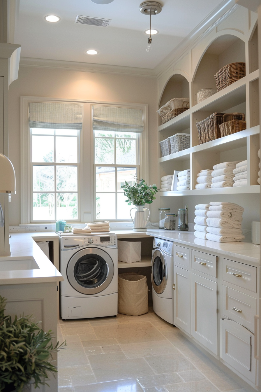 Spacious laundry room with white cabinets, washer, dryer, and organized shelves with towels and baskets.