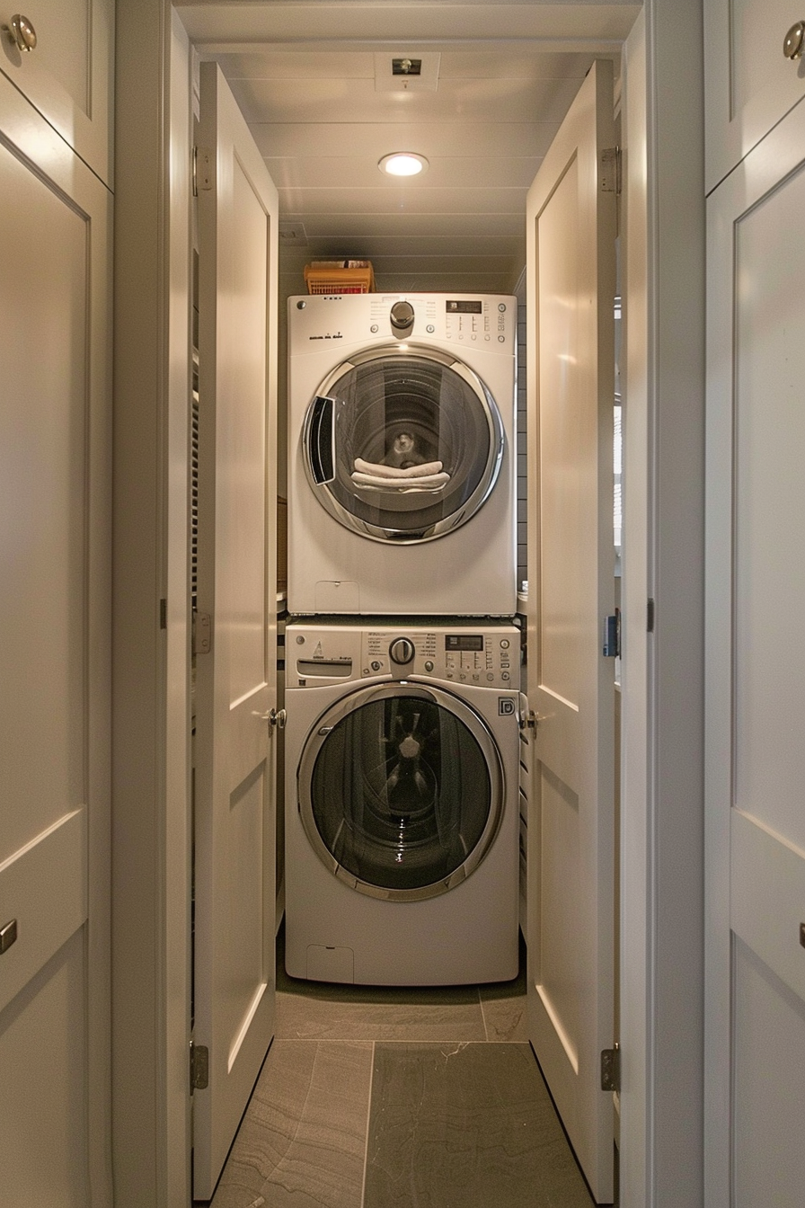 Stacked washing machine and dryer in a narrow, modern laundry closet with storage shelves above.