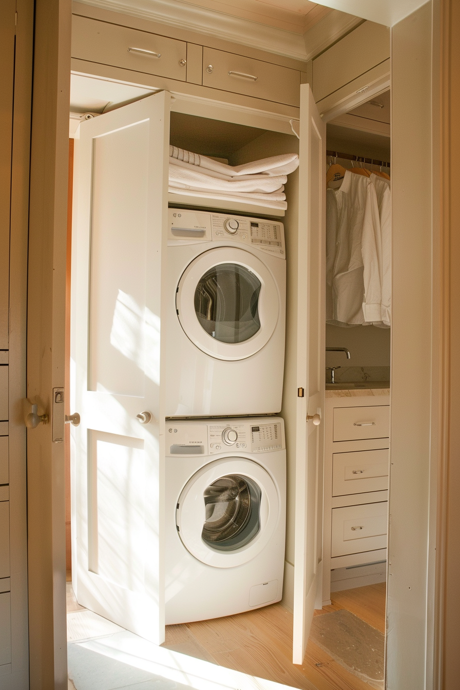Stacked white washer and dryer in a small closet with shelves of folded towels and adjacent hanging clothes.