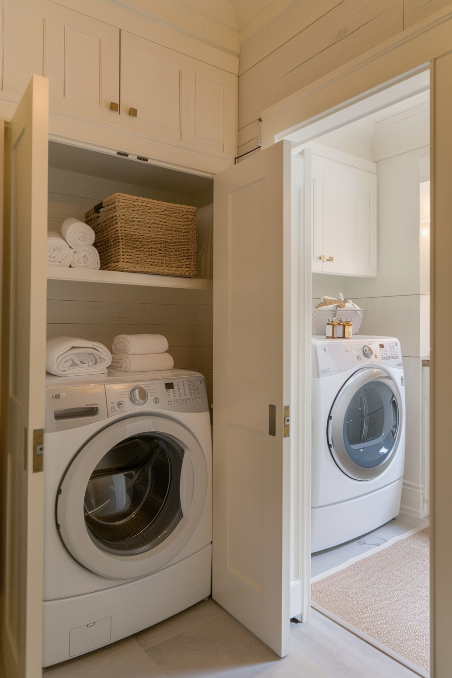 A neat laundry room with a stack of white towels, washing machine, dryer, and storage cabinets.