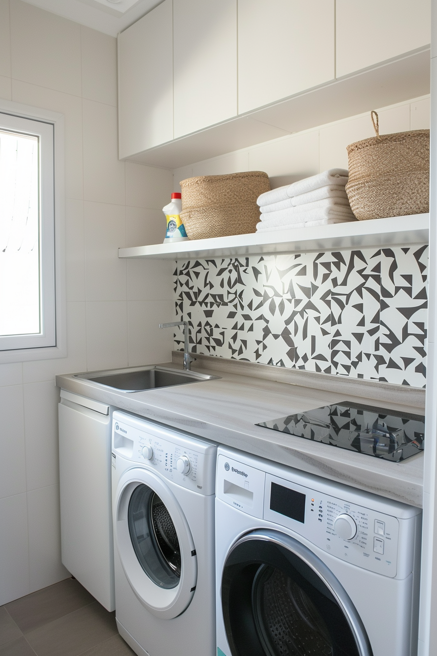 A modern laundry room with a washer, dryer, sink, and shelves stocked with towels and baskets.