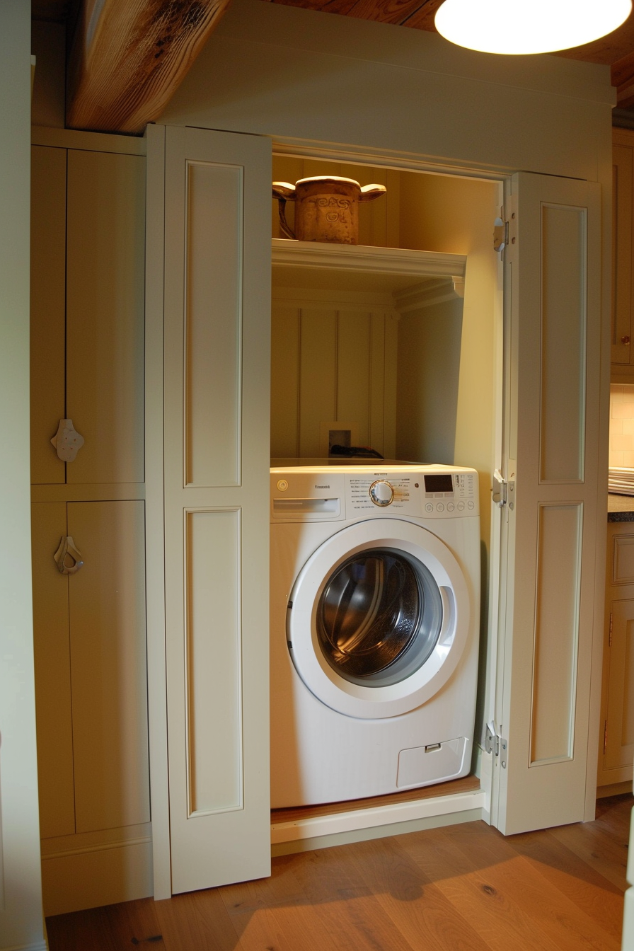 A modern washing machine built into a cream-colored cabinet with matching doors partially open, situated in a warmly lit room.