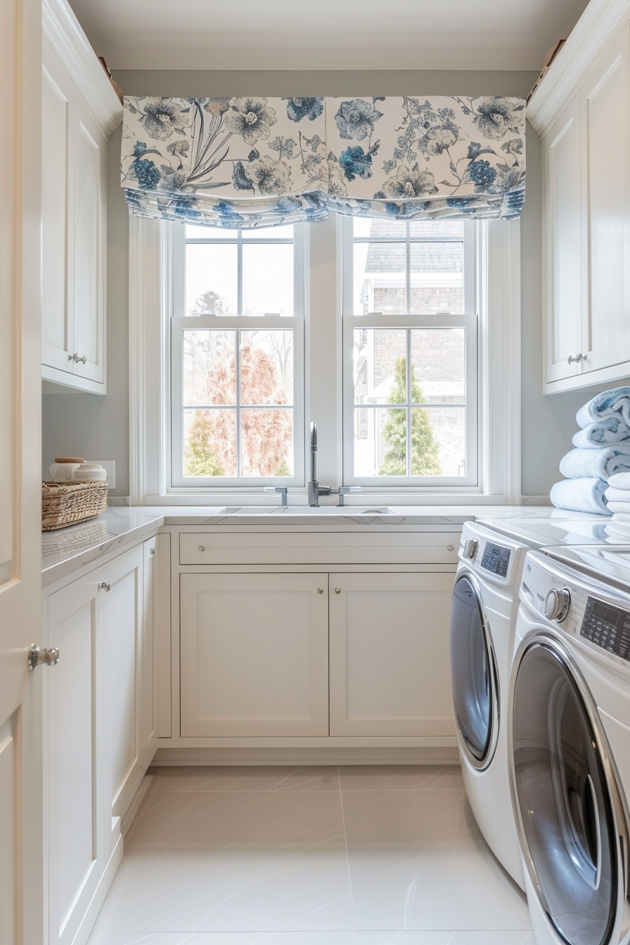 Bright laundry room with white cabinets, front-load washer and dryer, and a floral window valance.