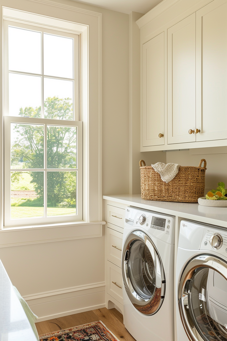 Bright laundry room with white cabinetry, modern appliances, woven basket, and a view of greenery through the window.