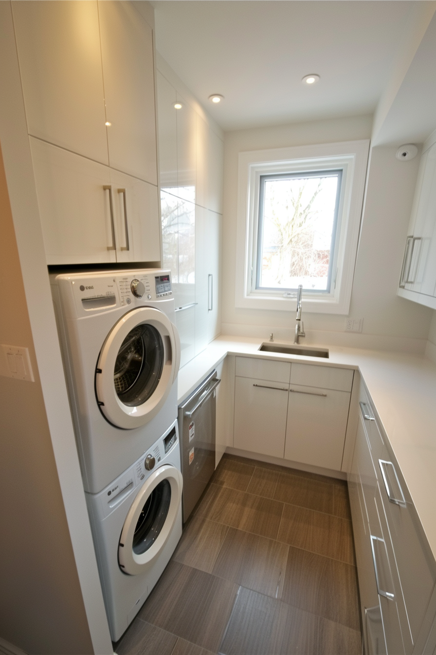 A modern laundry room with stacked washer and dryer, white cabinetry, a sink, and a window.