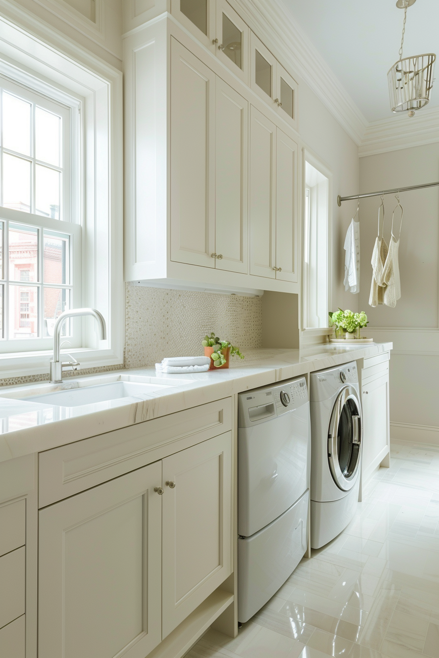 Elegant laundry room with white cabinets, modern appliances, and natural light from a window.