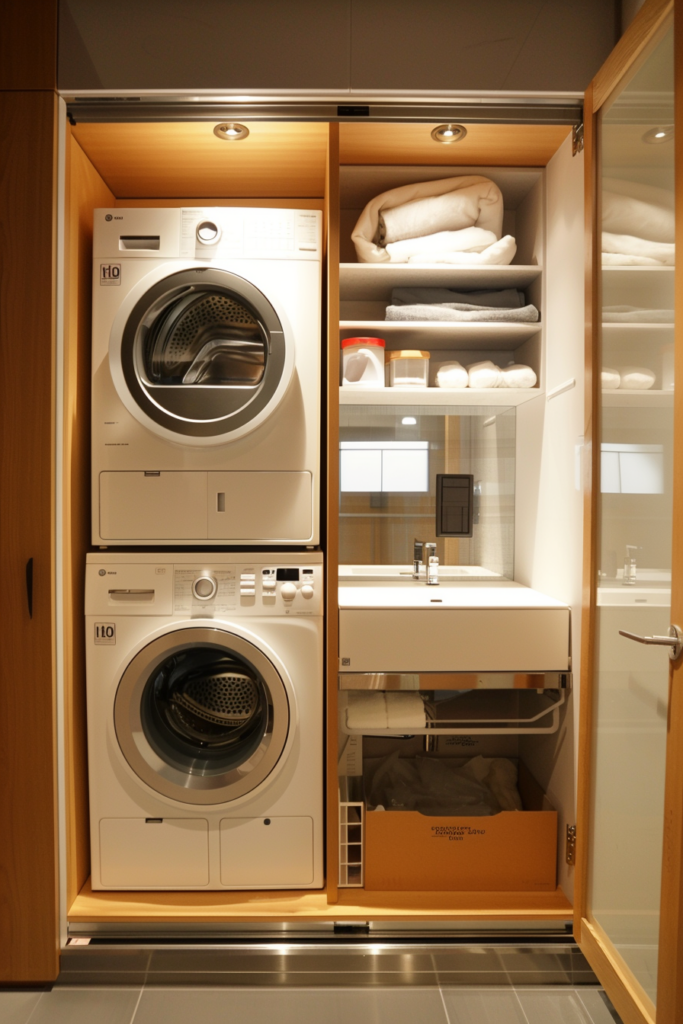 Modern laundry room with stacked washing machines and organized shelves with towels and supplies.