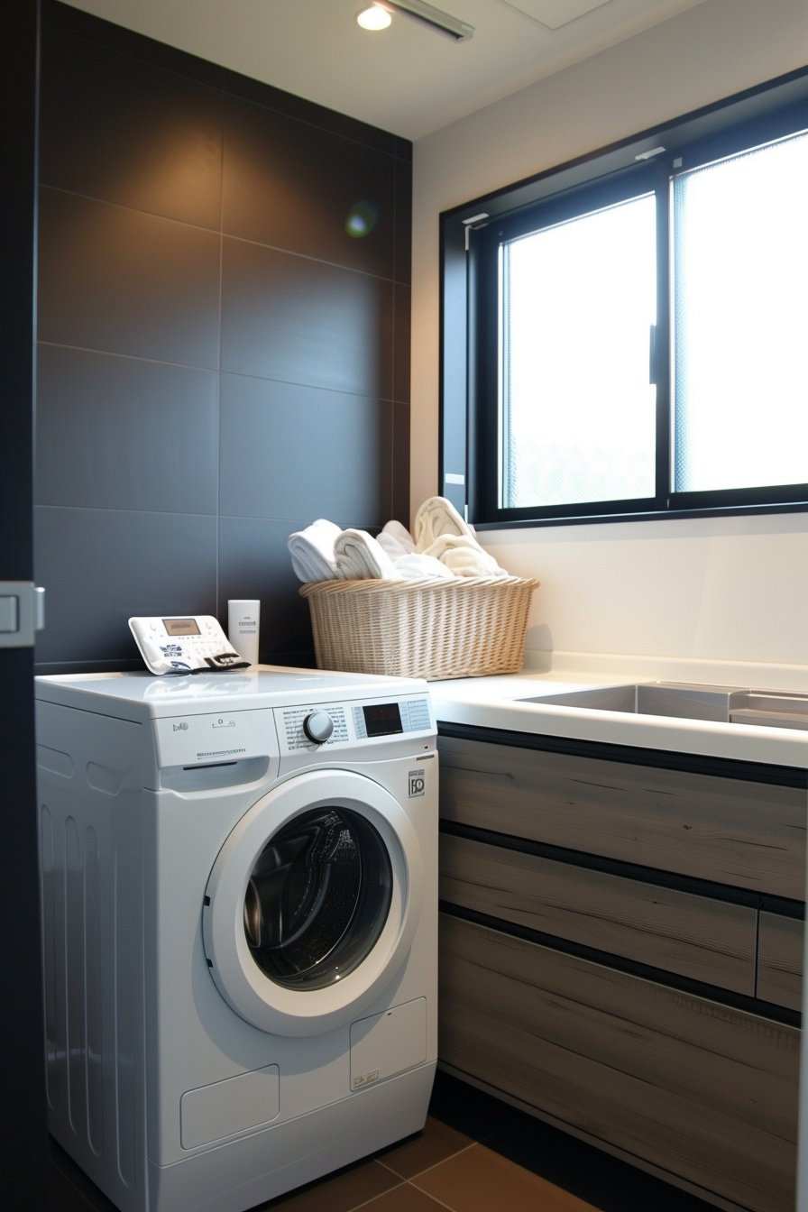 Modern laundry room with a front-loading washing machine, a basket of white towels, and grey cabinetry next to a window.
