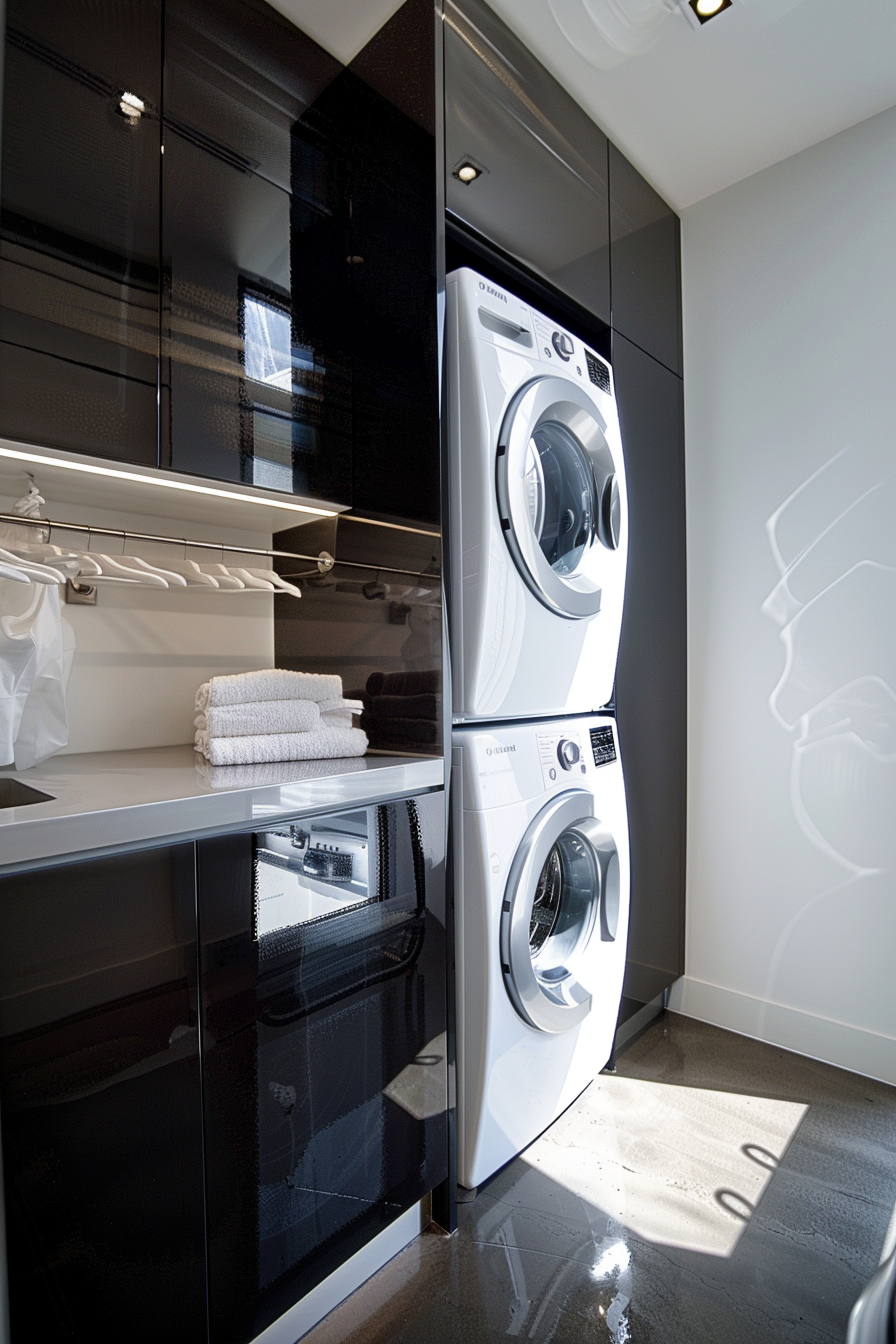 Modern laundry room with stacked washer and dryer, glossy black cabinets, and white towels on a shelf.