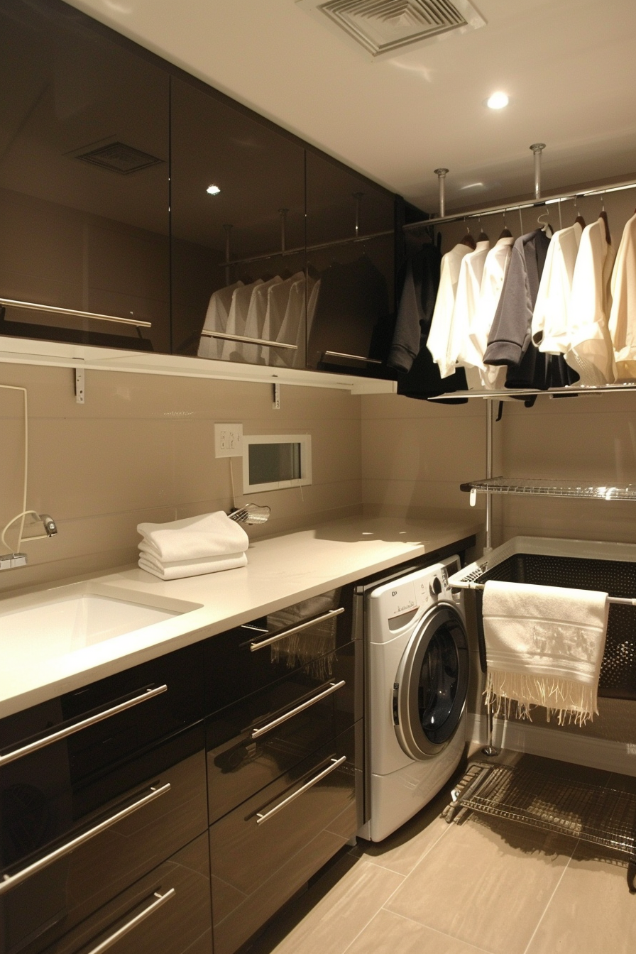 Modern laundry room interior with washing machine, clothes hanging above, sleek cabinets, and folded towels.