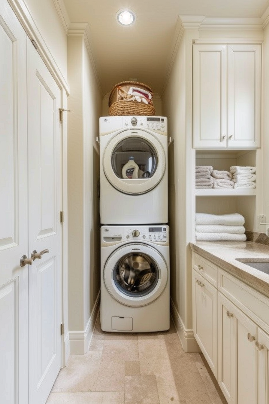 Stacked washer and dryer in a narrow laundry room with white cabinets and neatly folded towels.