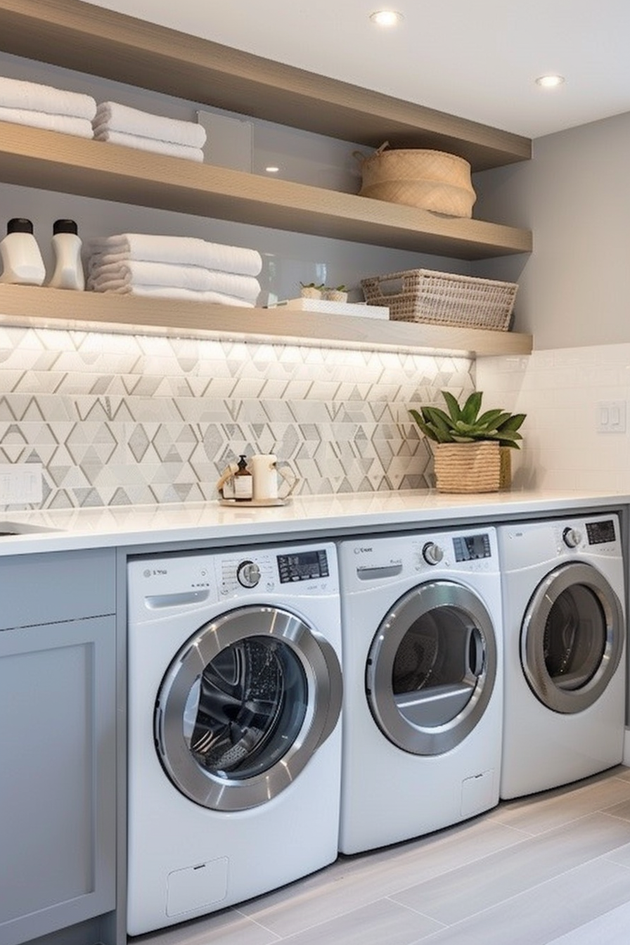 Modern laundry room with a washer and dryer, white cabinetry, floating shelves with towels and wicker baskets, and geometric backsplash.