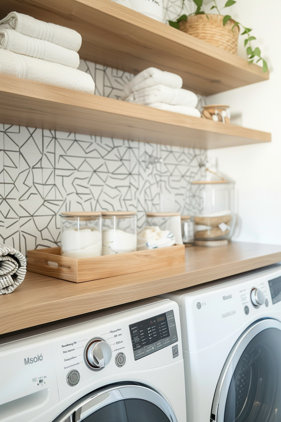 Modern laundry room with washing machines and wooden shelves stocked with towels and decorative items.