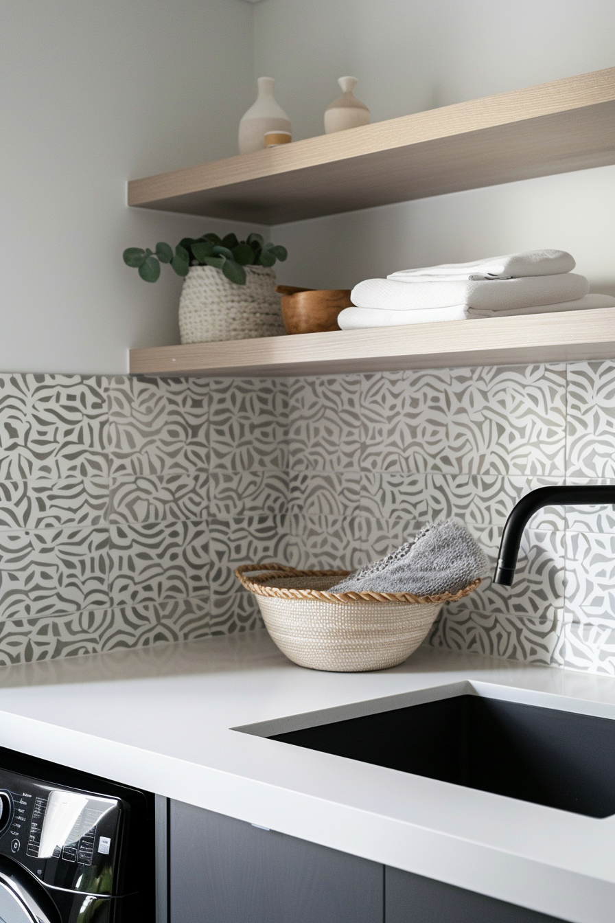 Modern kitchen corner with geometric-patterned backsplash, floating wooden shelves, and black faucet over sink.