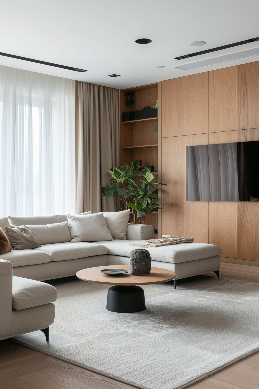 A modern living room with a beige sectional sofa, wooden panels, a flat-screen TV, and indoor plants.
