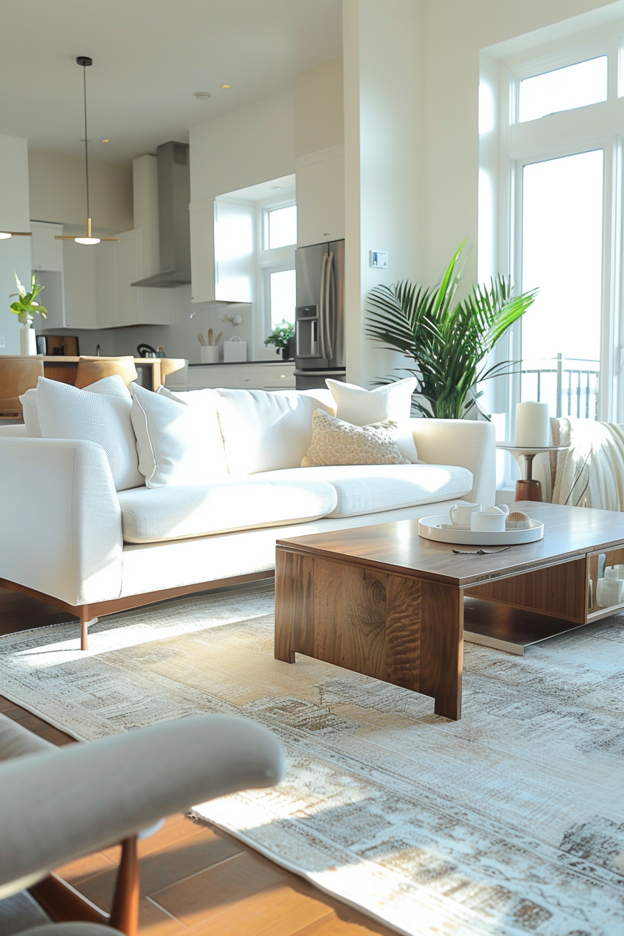 Bright, modern living room with a white sofa, wooden coffee table, patterned rug, and adjacent open kitchen area. Sunlight streams in from large windows.