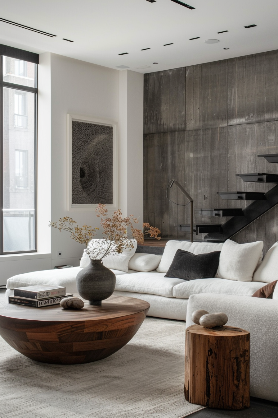 Modern living room with white sofas, wooden coffee table, abstract wall art, and a monochrome palette.