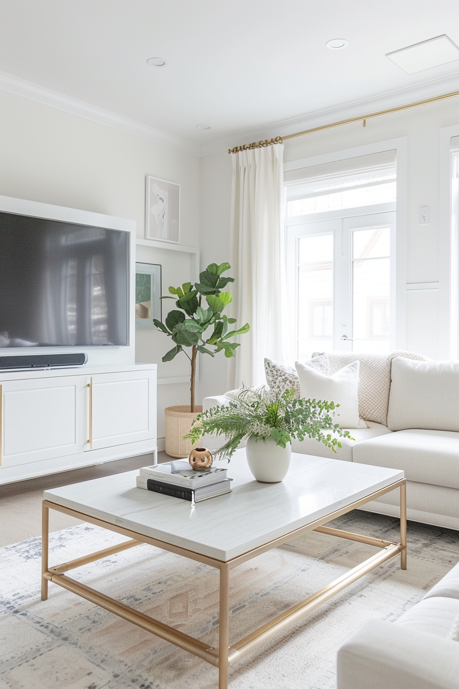 Bright living room with white sofa, marble coffee table, TV, and green plants for decor.