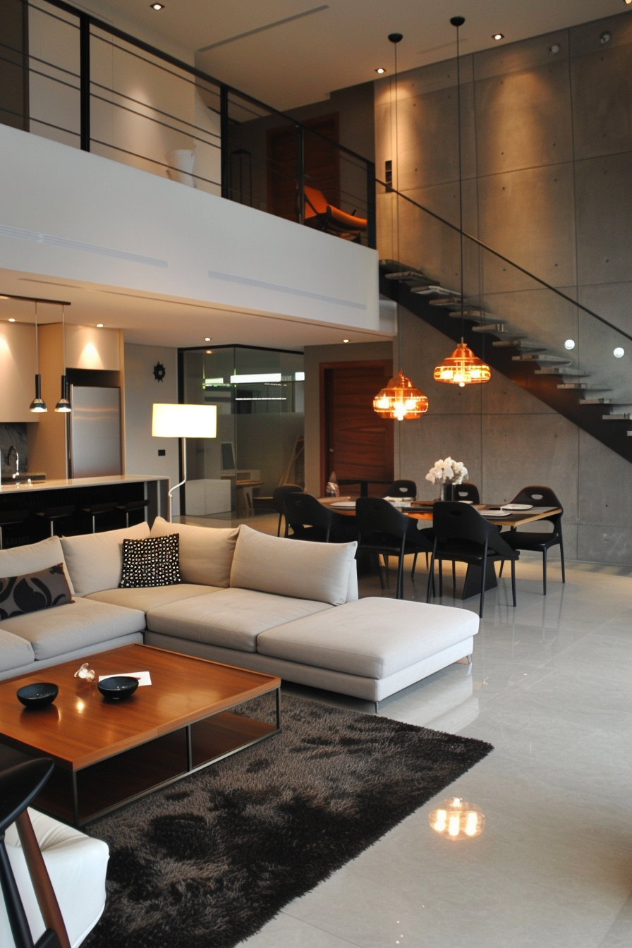 Modern open-plan living room with sectional sofa, wooden coffee table, pendant lights, and a staircase leading to an upper level.