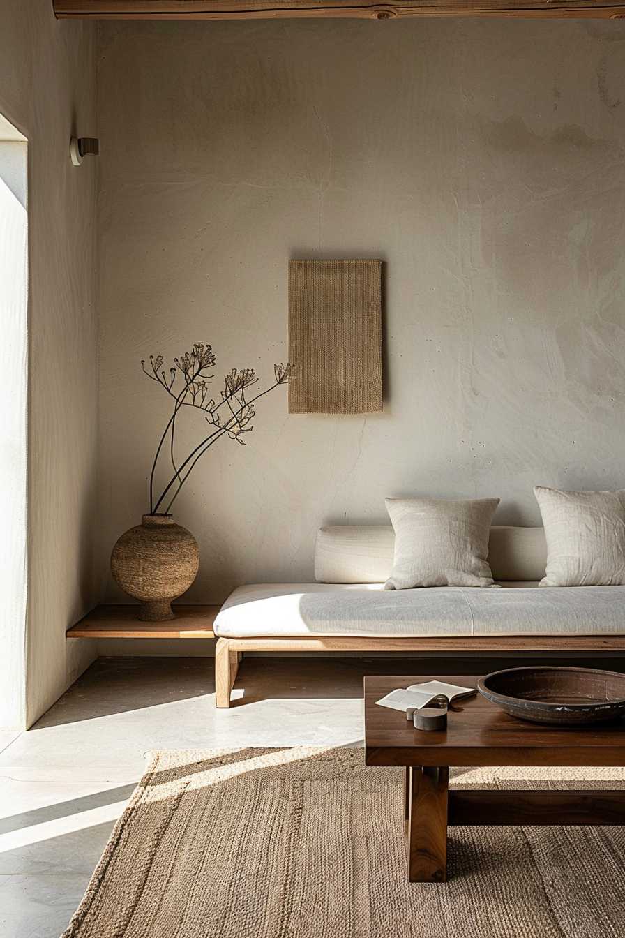 A minimalist living room with a low-profile sofa, textured rug, wooden table with a book, and a vase with dried flowers against a plaster wall.