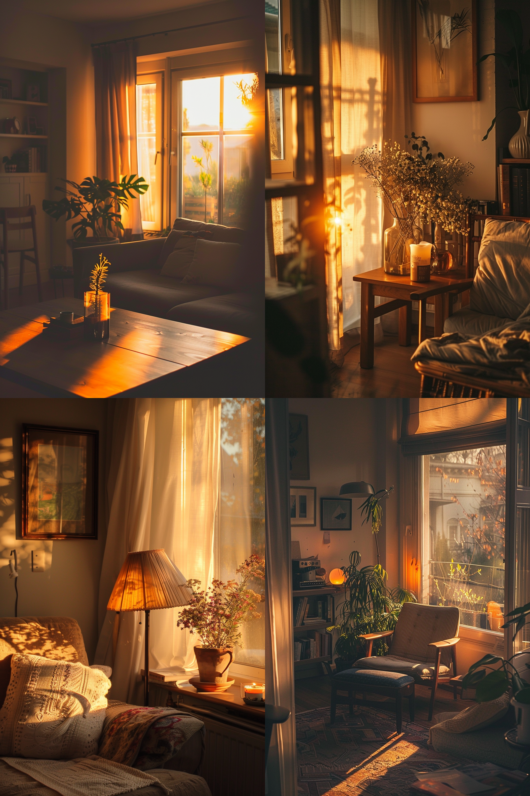 ALT text: A cozy room at sunset, with warm golden light casting shadows across various plants and comfortable furnishings.