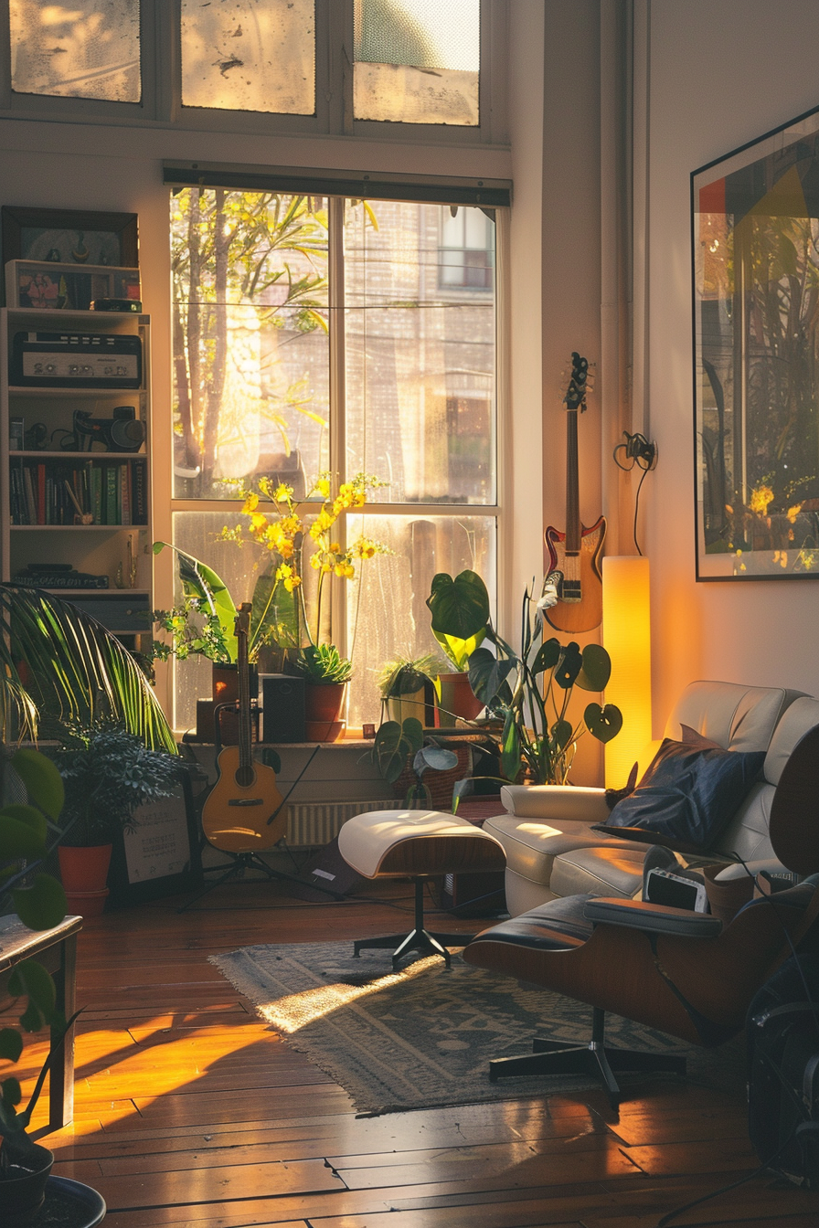 Cozy living room bathed in warm sunlight with plants by the window, a guitar on the side, and a modern lounge chair.