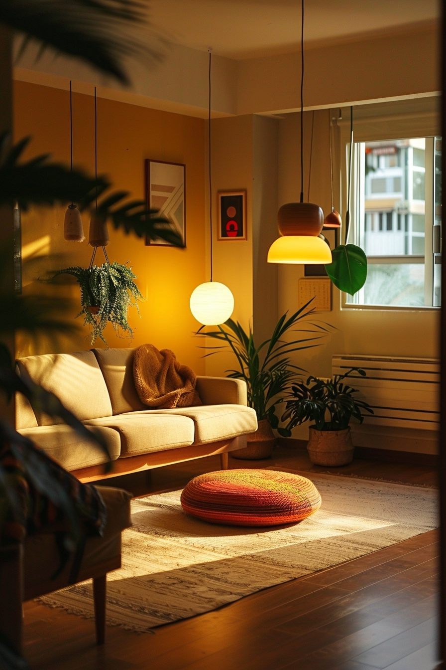 A cozy living room bathed in warm sunlight, featuring a beige sofa, pendant lights, plants, and a colorful round floor cushion.
