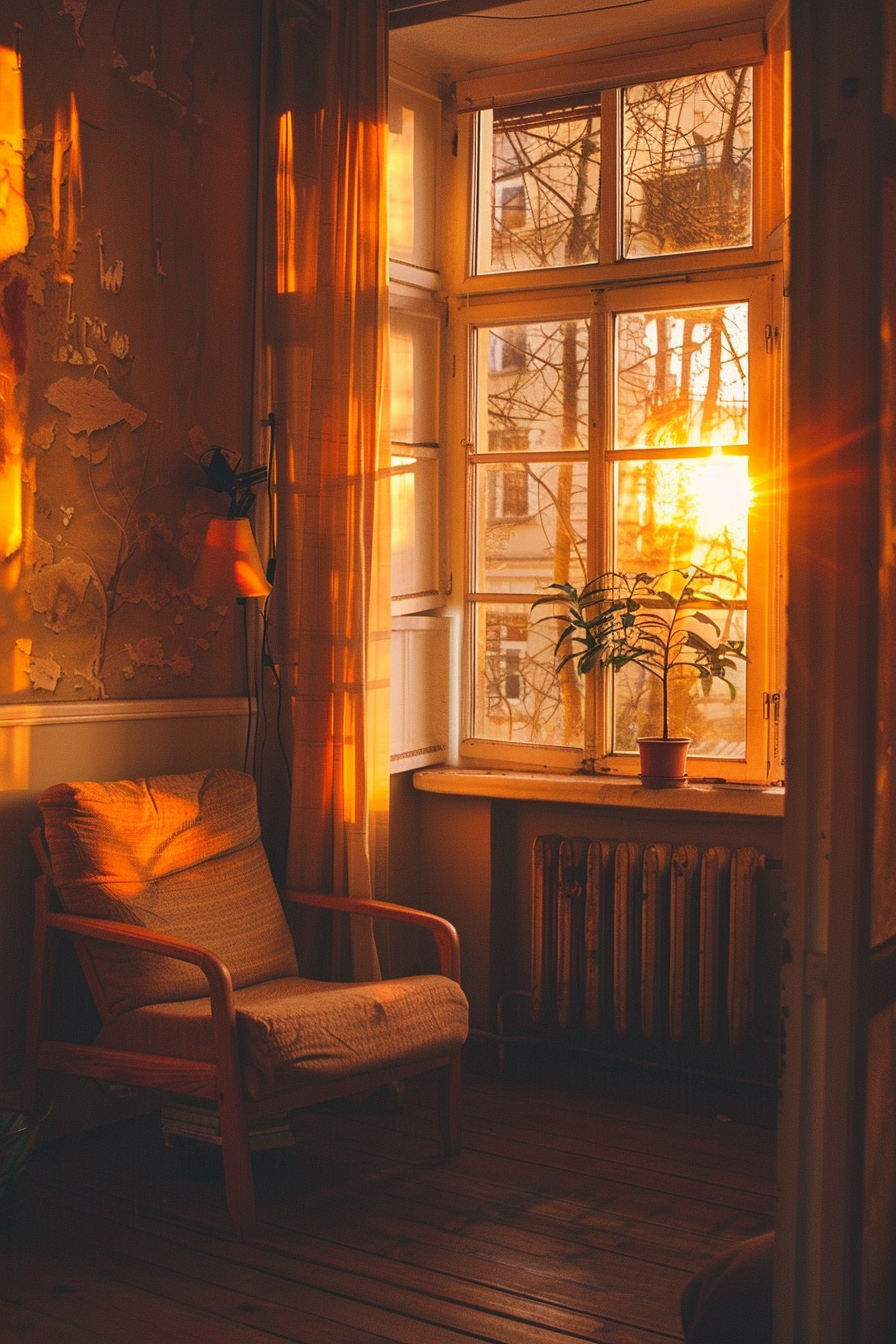 Cozy room with a chair and a window, sunlight streaming through, casting warm orange glows with a plant on the windowsill.