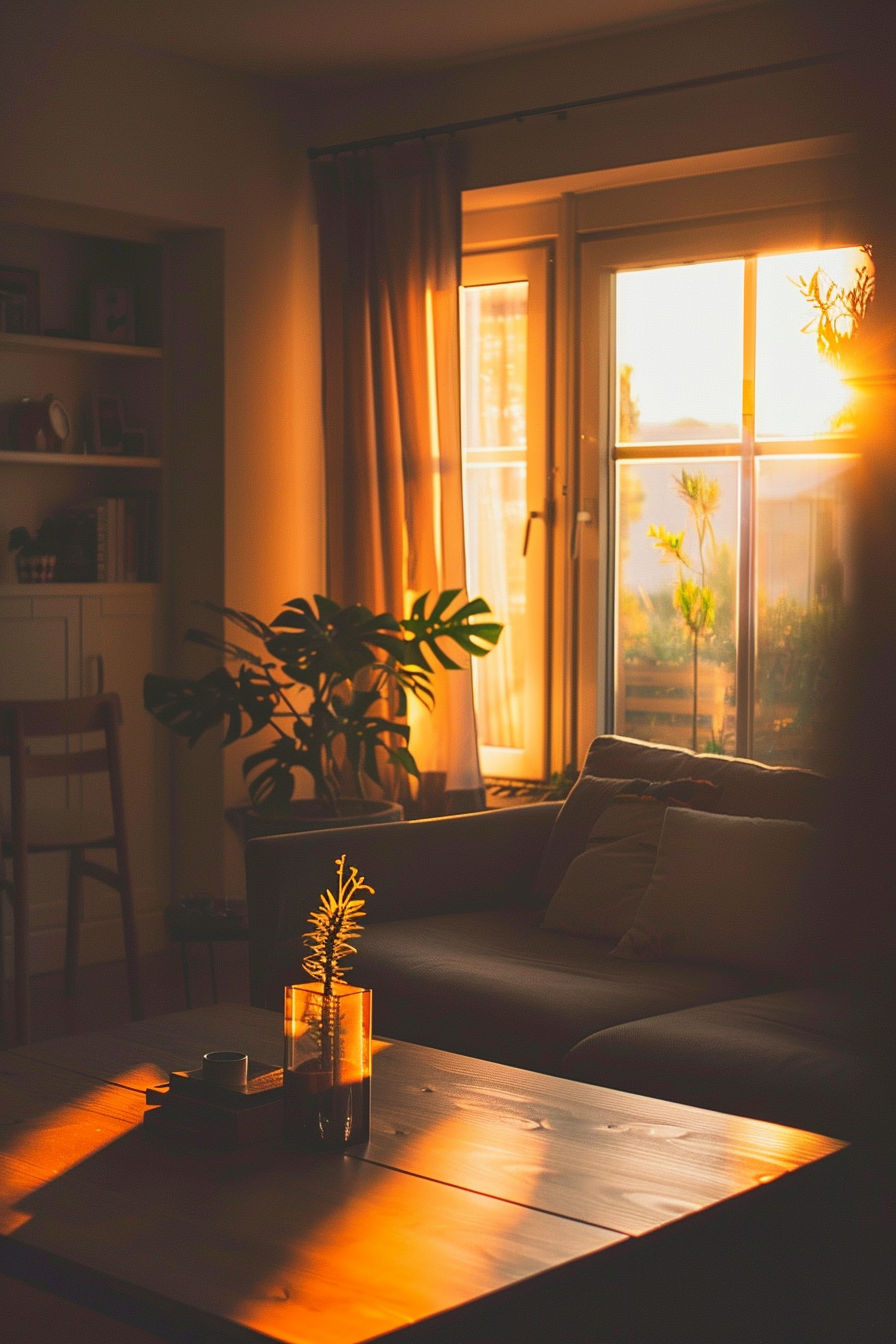 A cozy living room at sunset, with warm light streaming through the window, casting a glow on the plants and furniture.