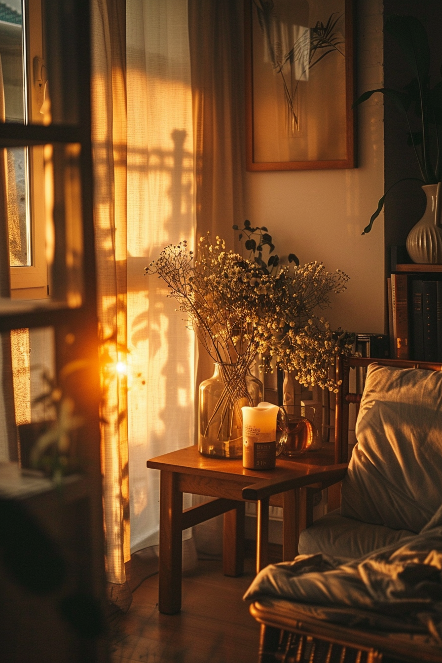 Cozy room at sunset with warm light filtering through curtains, a table with flowers and a candle, and a comfy chair.