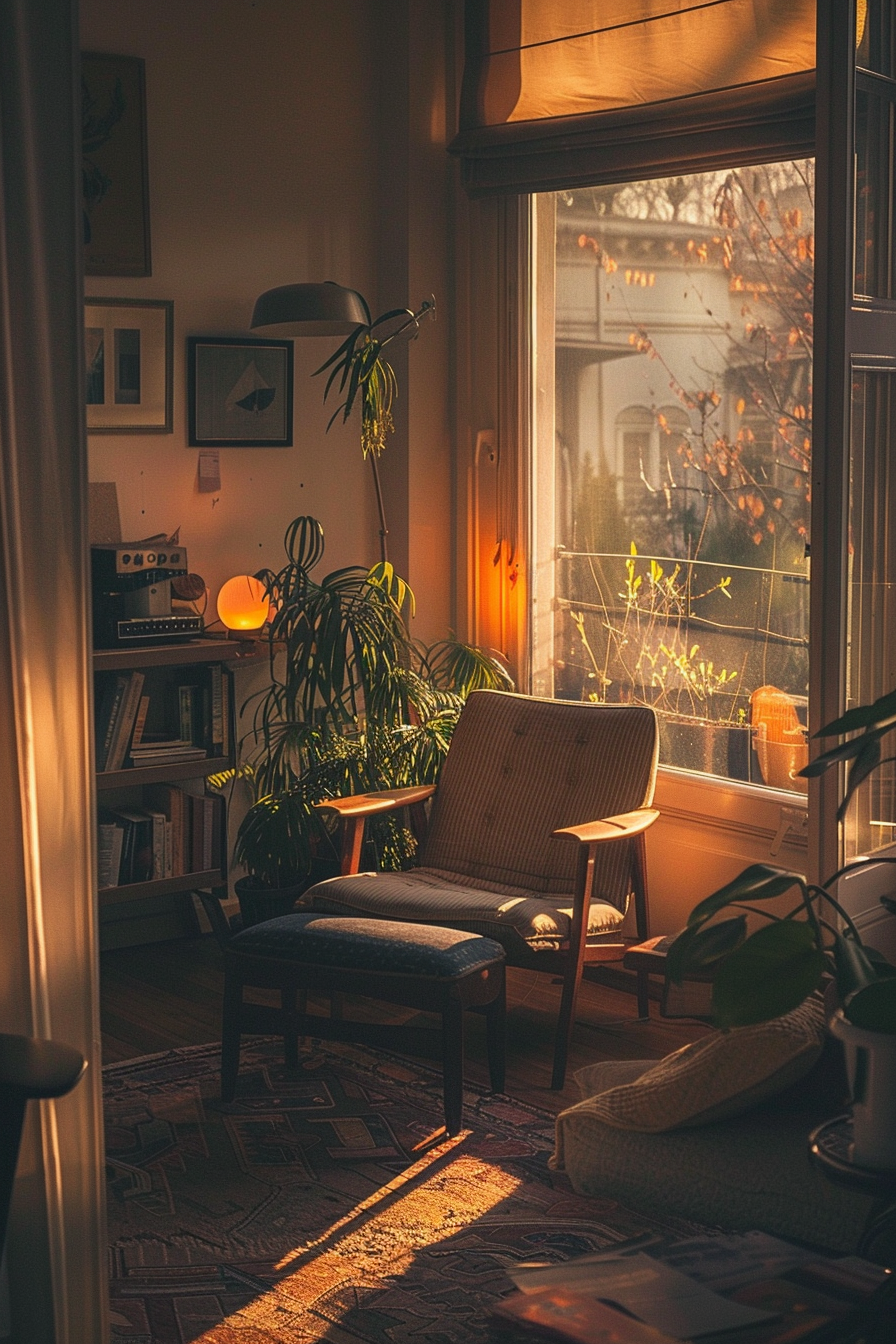 A cozy room at sunset with warm golden light, featuring a chair, plants, a bookshelf, and a large window with a view outside.