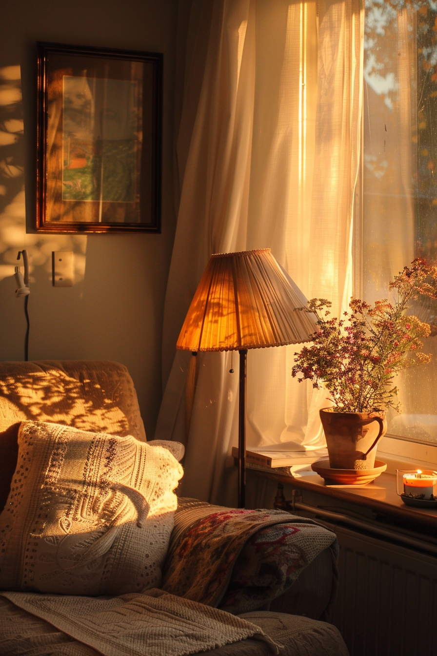 Warm sunlight bathes a cozy room corner with a lamp, cushioned chair, and flowers on a sill, creating a tranquil scene.