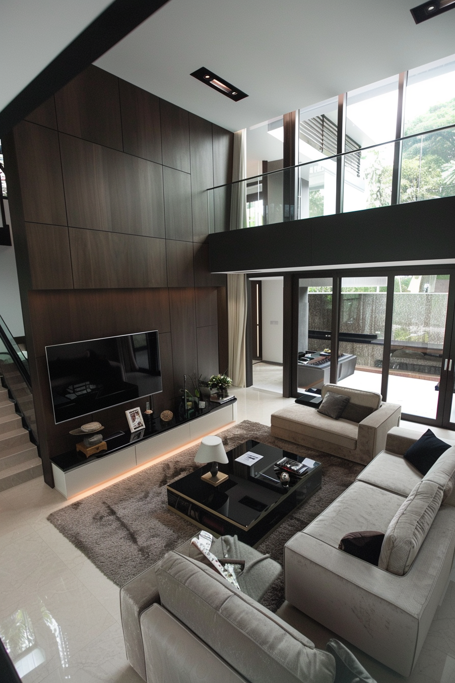 Modern living room with high ceilings, plush sofas, dark wood paneling, and a large screen TV, viewed from a high angle.