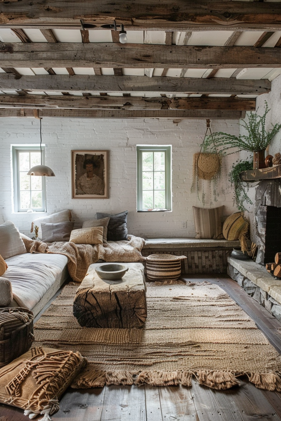 Cozy rustic living room interior with white brick walls, wooden beams, fireplace, and textured textiles.