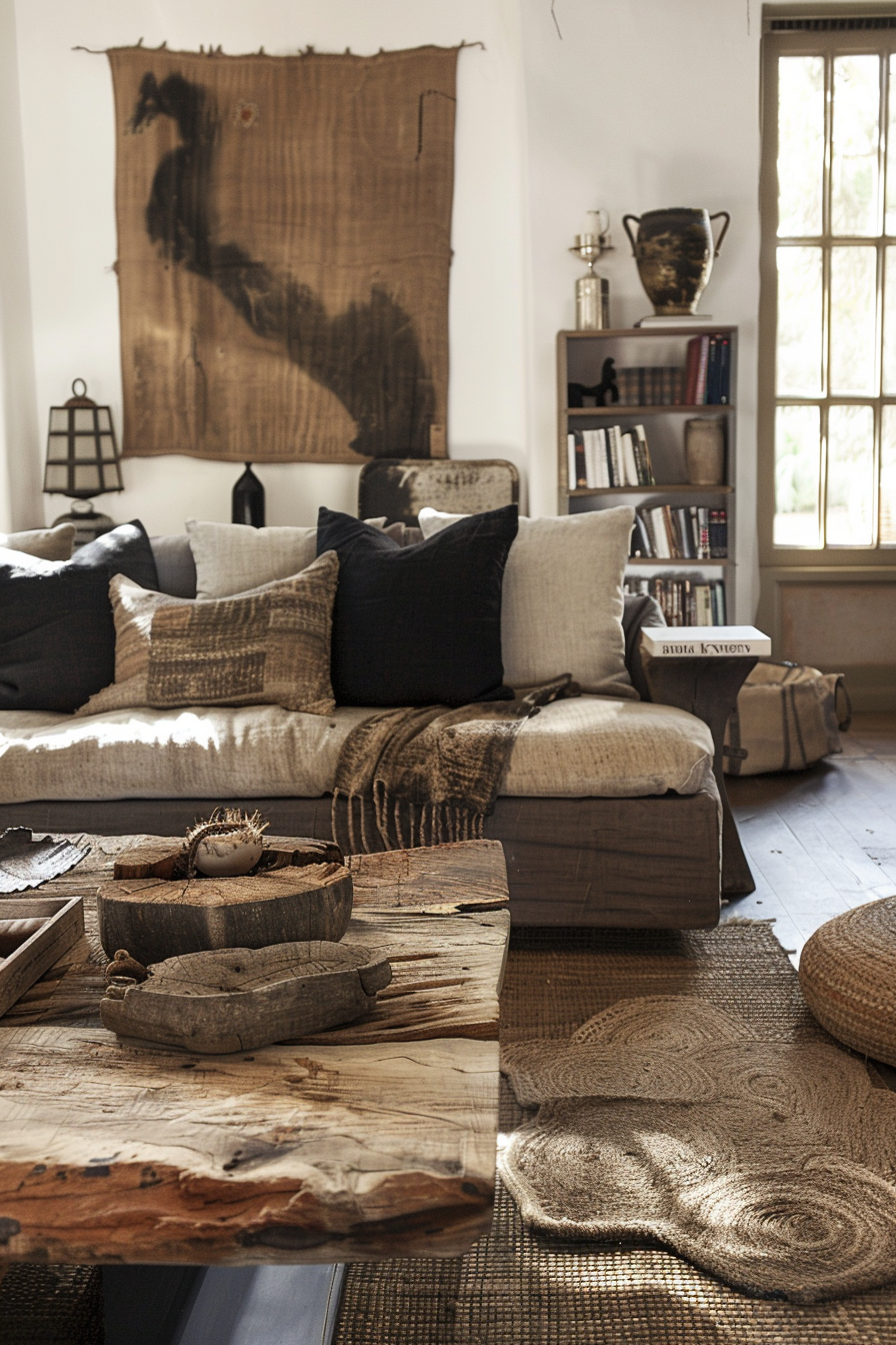 Cozy living room with rustic wooden furniture, neutral-toned cushions, horse tapestry on the wall, and woven rugs on the floor.